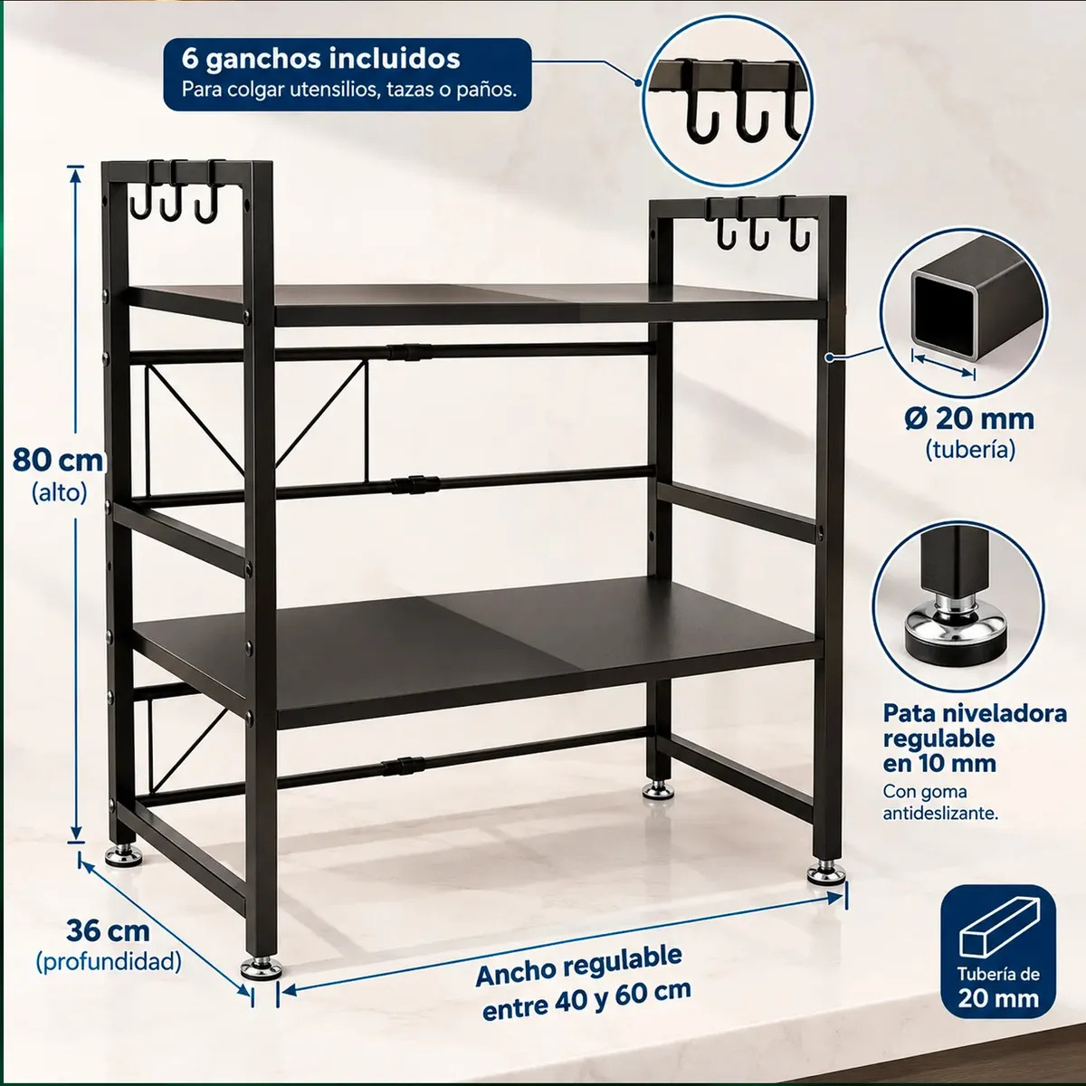 Estante Microondas Extensible 2 Niveles Metalico Cocina Organizador
