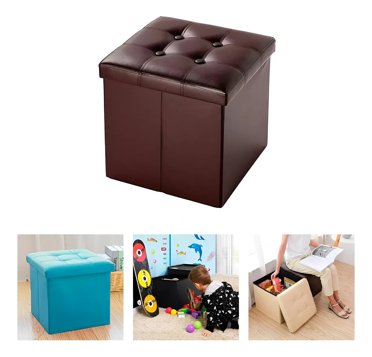 Puff Baul Silla Ecocuero Plegable Organizador 38cm X 38cm