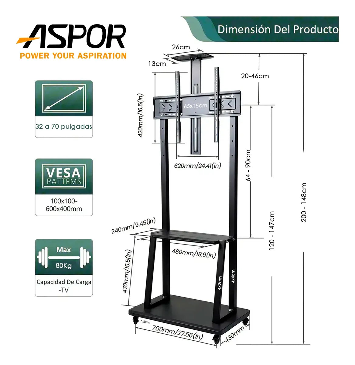 Soporte Tv Base Pedestal Rueda Televisor 32 A 70 Pulgadas