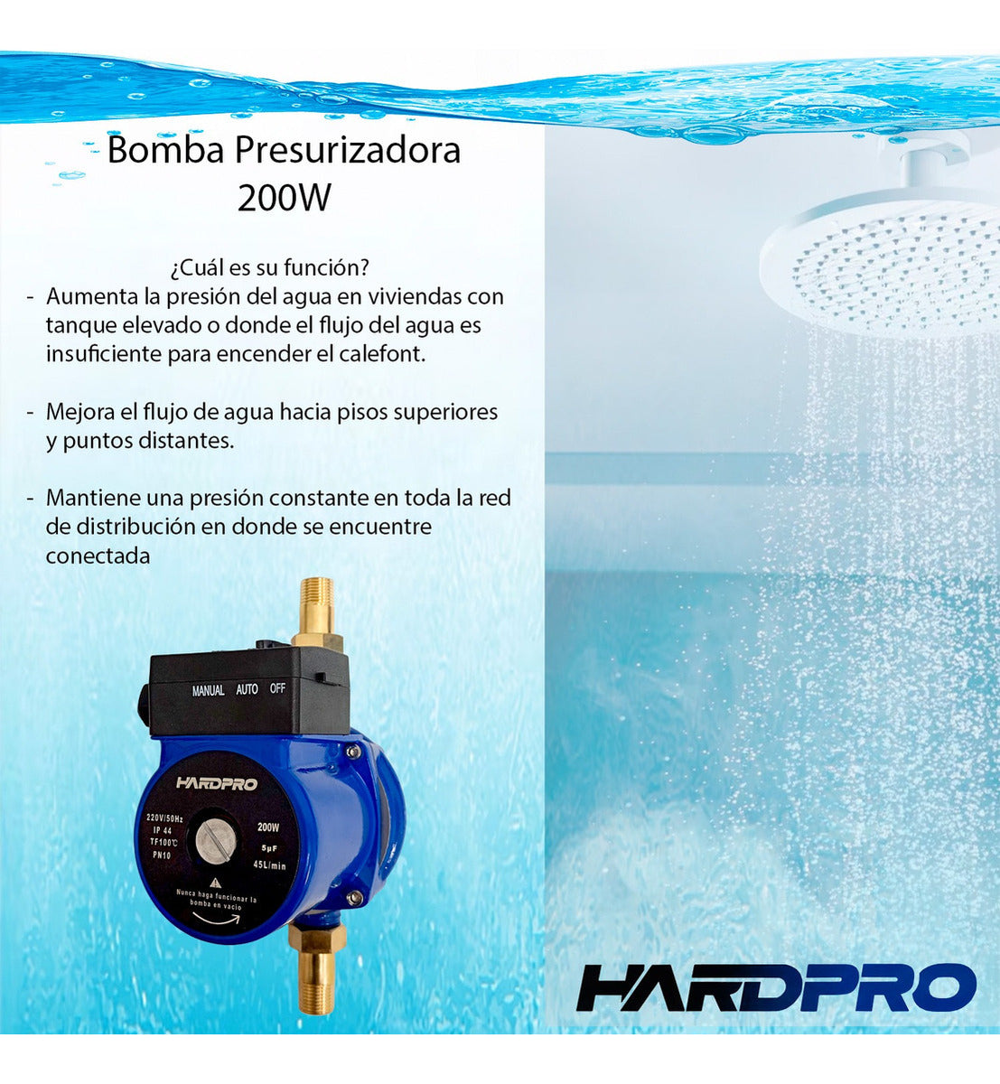 Bomba Presurizadora Agua Hardpro Calefont 45 L/min 200w