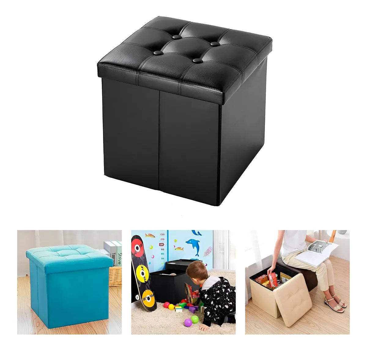 Puff Baul Silla Ecocuero Plegable Organizador 38cm X 38cm