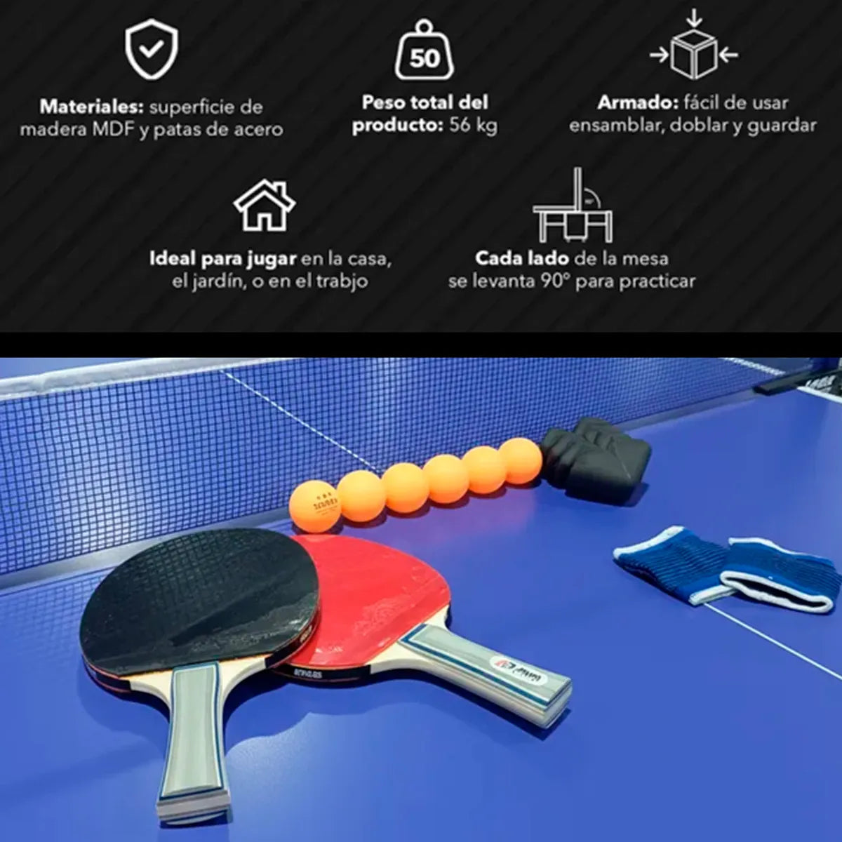 Mesa Ping Pong Junior Plegable Con Ruedas Y Red Incluye Accesorios 274x152x76cm