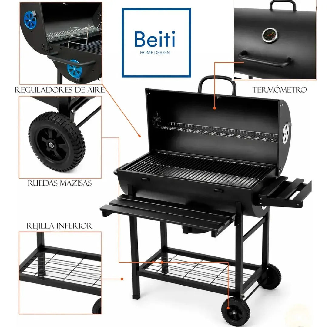 Parrilla Con Tapa A Carbon Asado Tipo Tambor Acero De 0.7mm Con Ruedas