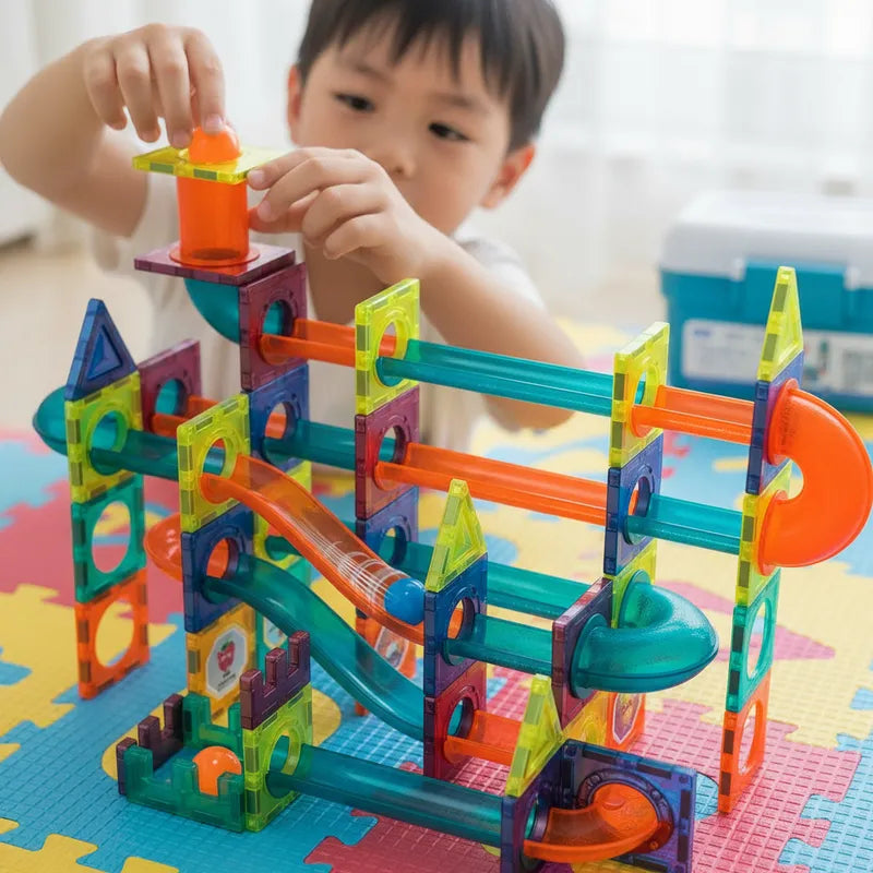 Bloques Magneticos 2en1 Tobogán De Bolas 3D Balde De188pzs