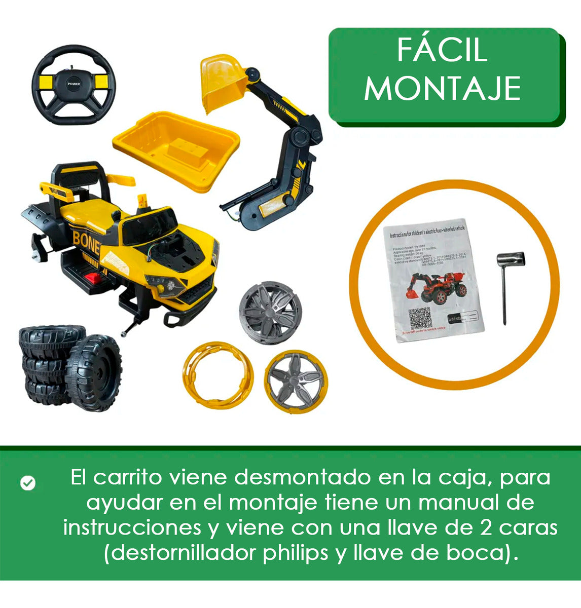 Auto Electrico Niños Retroexcavadora Bateria Alta Duracion Amarillo