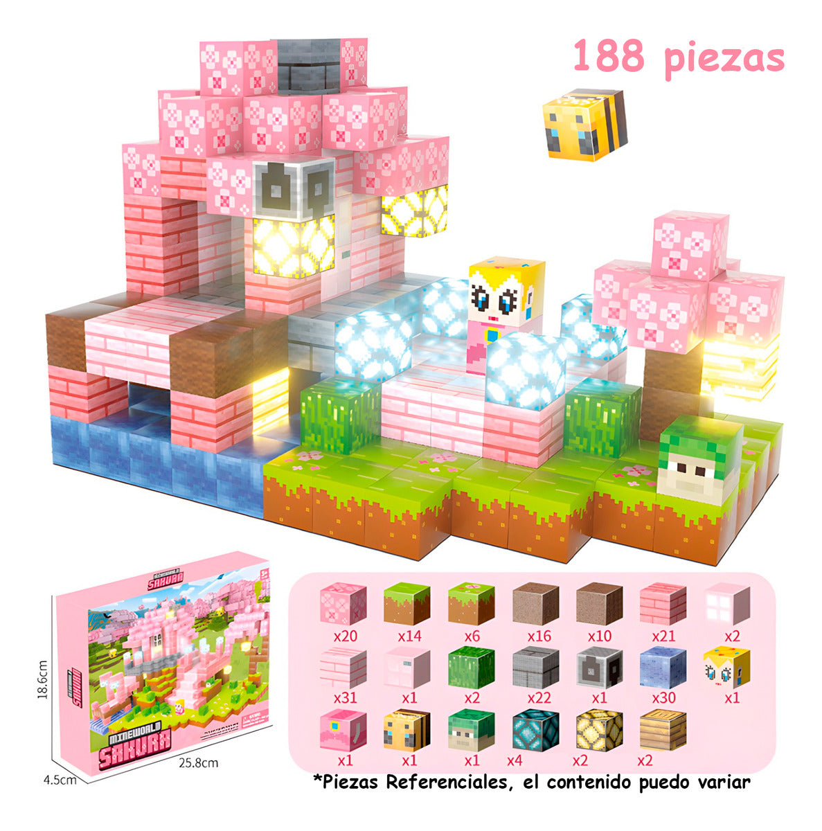 Bloques Magnéticos Tipo Minecraft 188 Pcs 8 Bloques De Luz Sakura