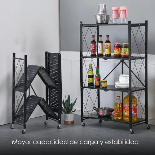 Carro Organizador Estante Plegable 4 Niveles Ruedas Cocina Negro