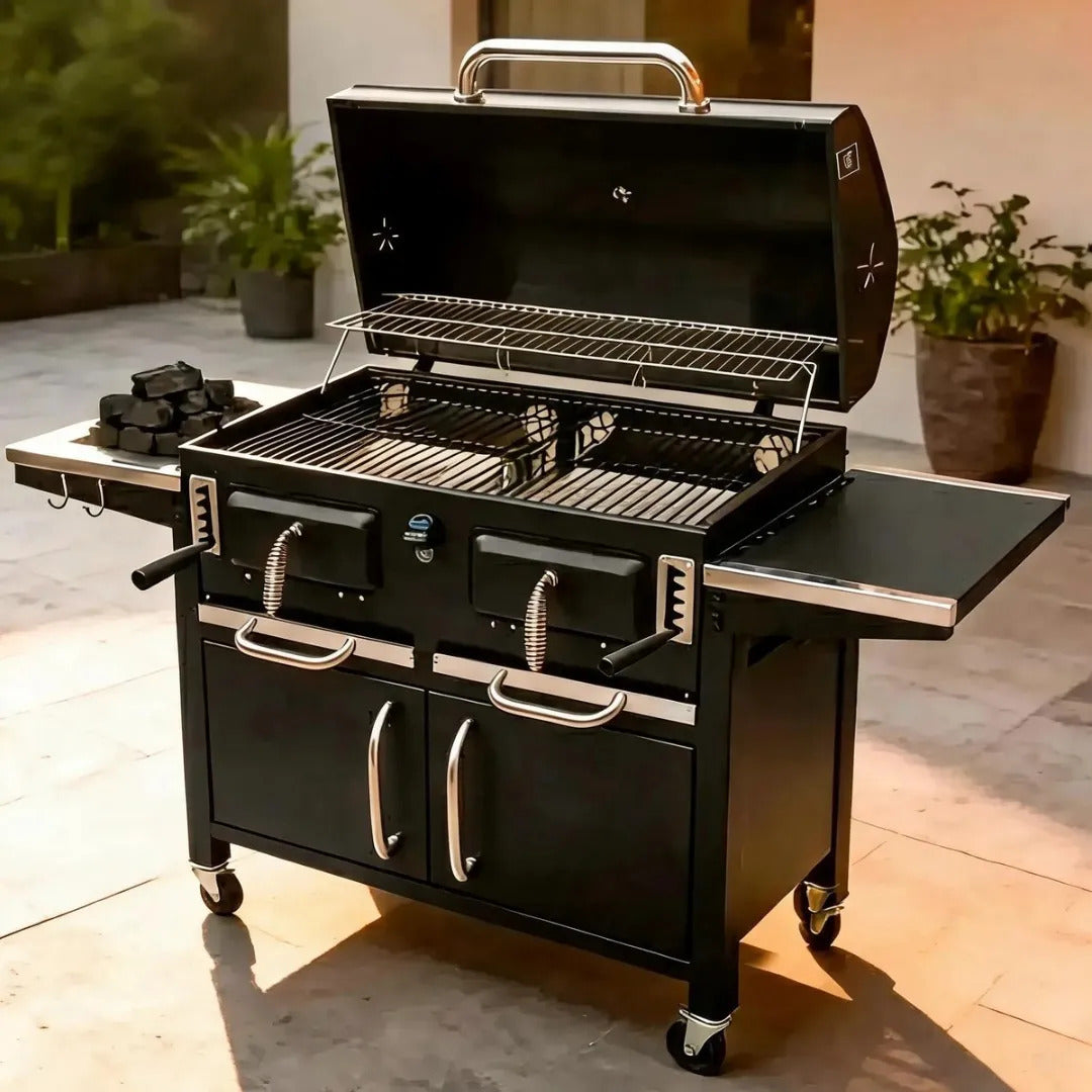 Parrilla A Carbon Con Tapa Premium De Acero Con 4 Ruedas Asados