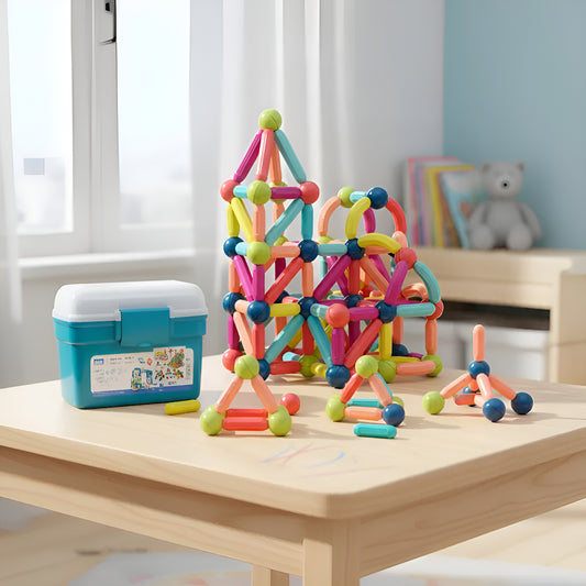 Bloques Magneticos 2 en 1 De Varillas 3D De 84 piezas Con Balde No Tóxico
