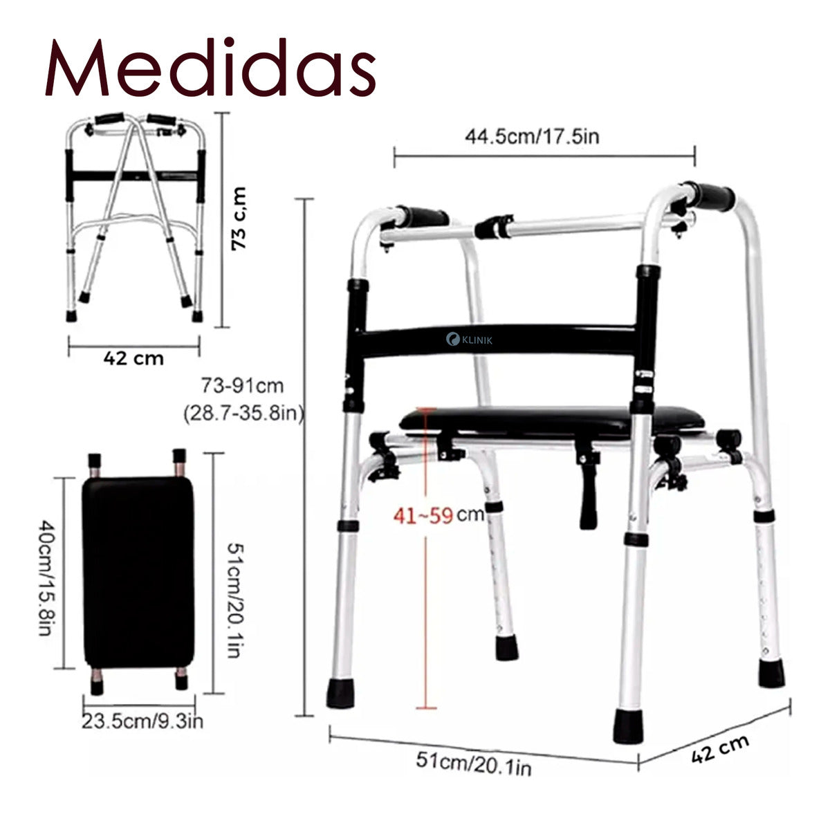 Andador Plegable con Asiento y Ruedas KLINIK - Aluminio Reforzado 150kg