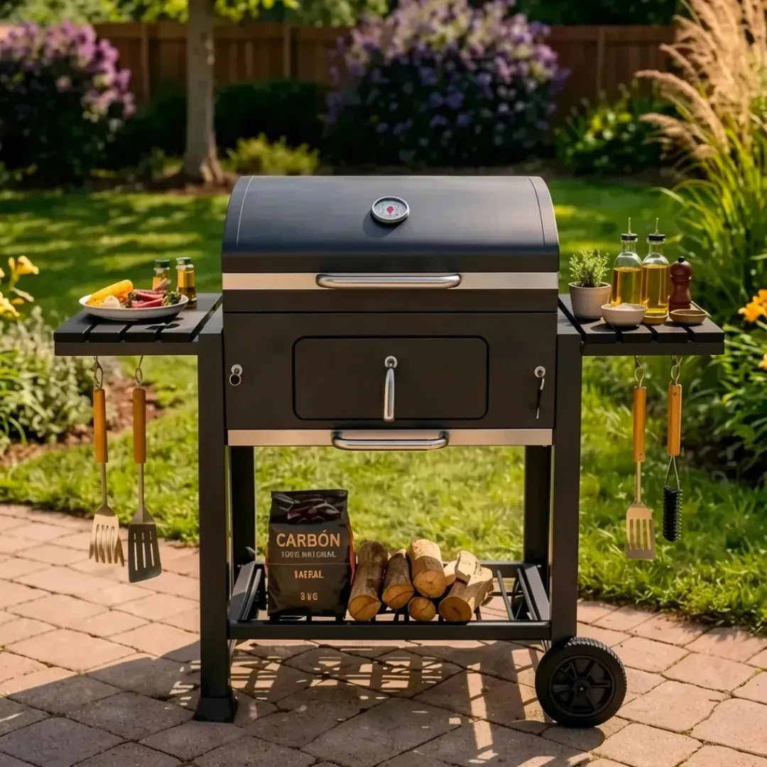 Parrilla A Carbon De Acero Inoxidable Con Tapa y 2 Ruedas Con Doble Repisa