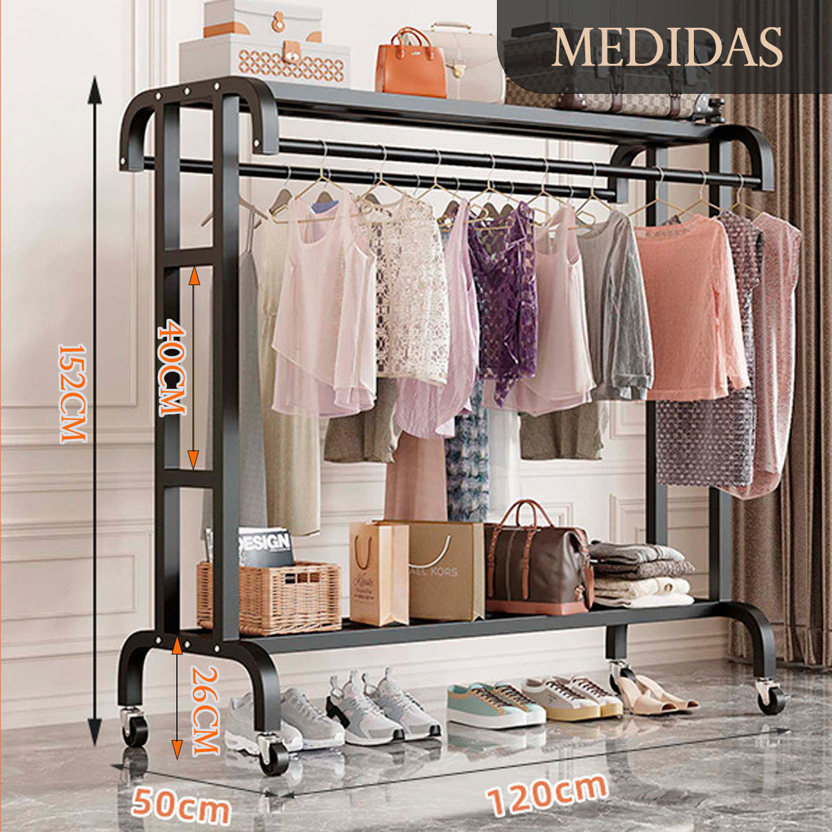 Perchero Organizador De Ropa Doble Con Ruedas 120cm Pro Negro