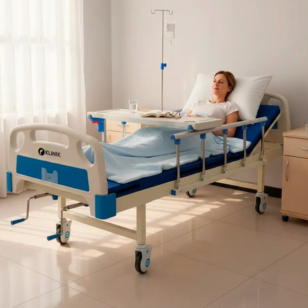 Cama Clínica Catre Manual Articulado 260kg Colchon Y Bandeja - Azul