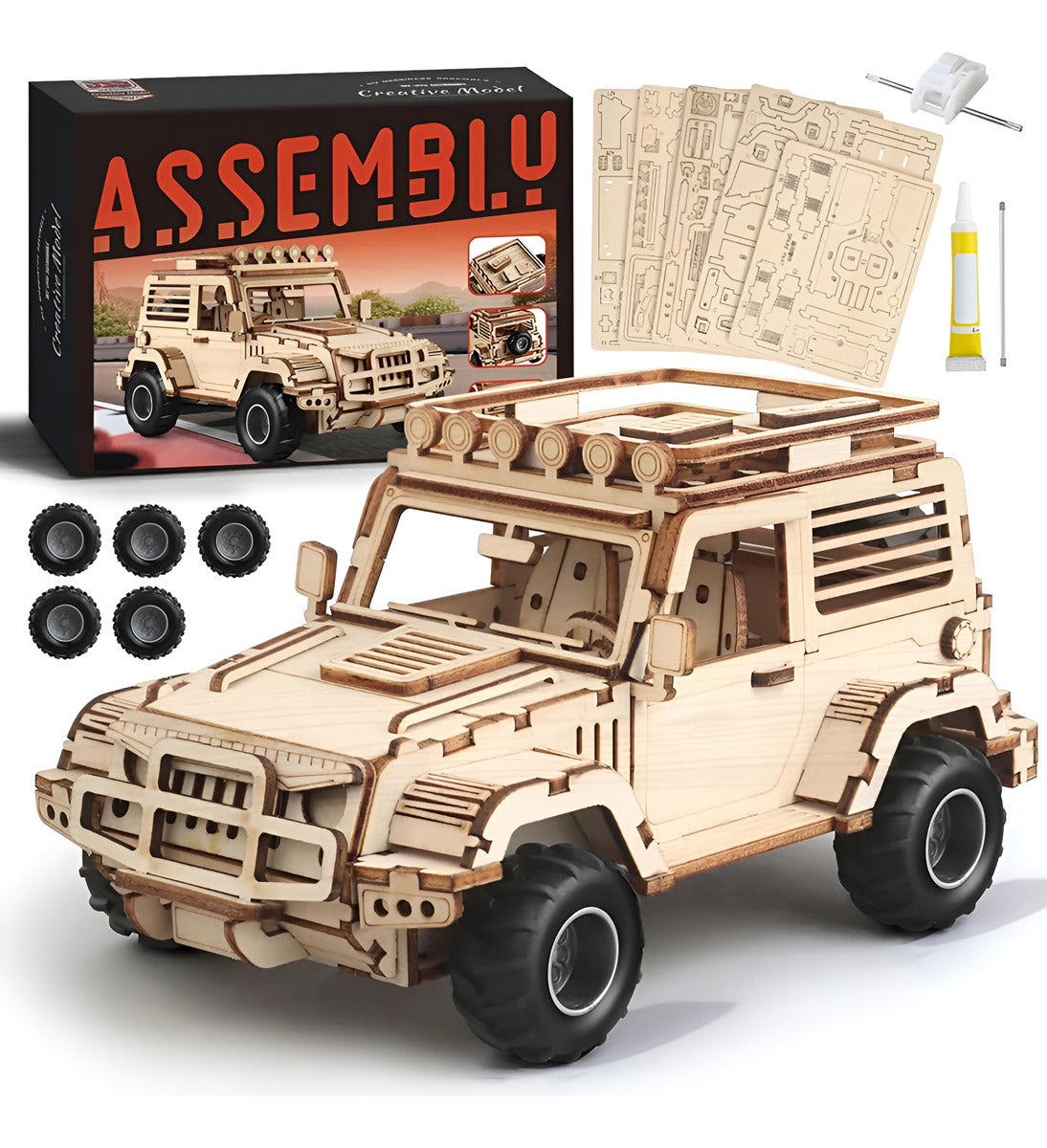 Auto Puzzle Jeep 3d Madera Armable 125pcs Didáctico 20 Cm.