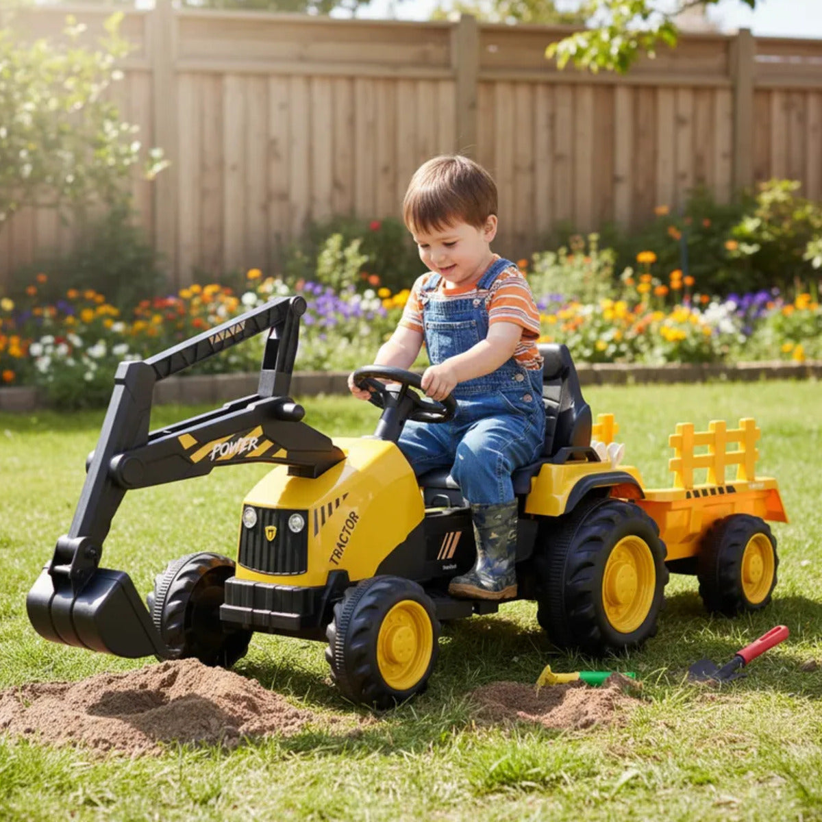 Auto Electrico Montable Niños Excavadora Remolque Bateria Duradera Xl Amarillo