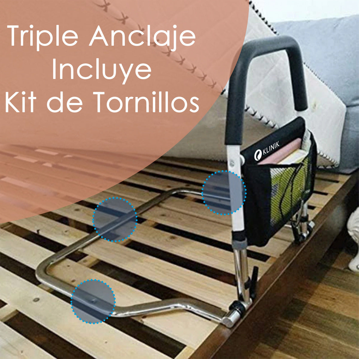 Barra De Apoyo Para Cama Reforzada Con Bolsa Organizadora