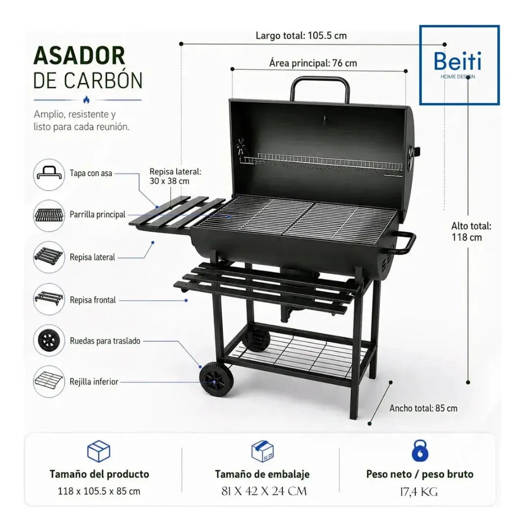 Parrilla Con Tapa A Carbon Asado Tipo Tambor Acero De 0.7mm Con Ruedas
