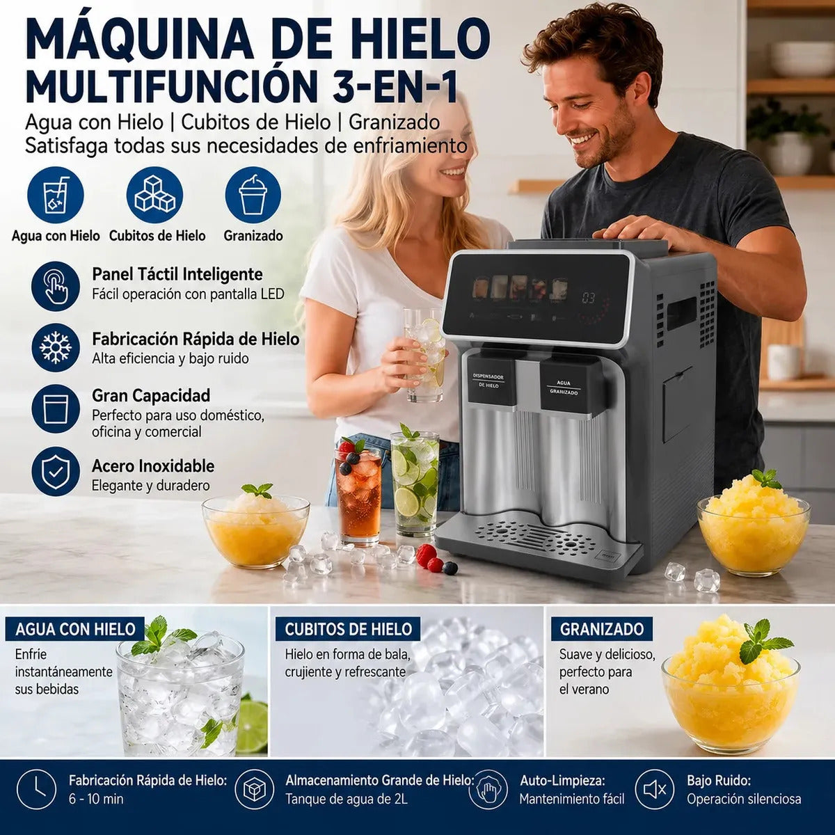 Maquina Fabricadora De Hielo Y Granizado 3 en 1 Pantalla Tactil