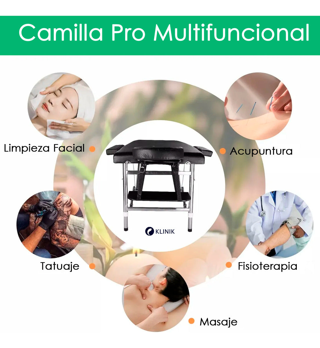 Cama Masajes Estetica Klinik 200kg Altura Ajustable Plegable Negro