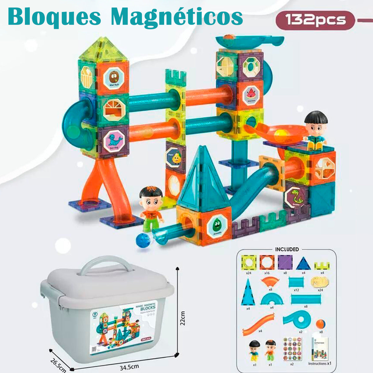 Bloques Magneticos 2 en 1 Tobogan De Bolas 3d Con Balde De 132pzs
