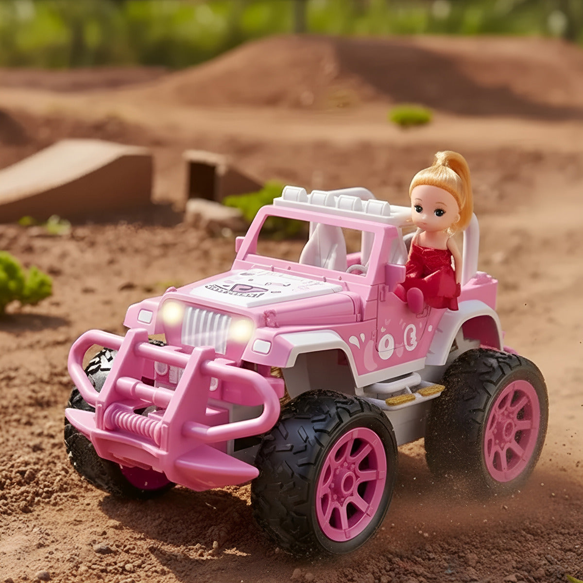 Auto Con Muñeca Jeep Control Remoto Princesas Niñas Luces Rosa