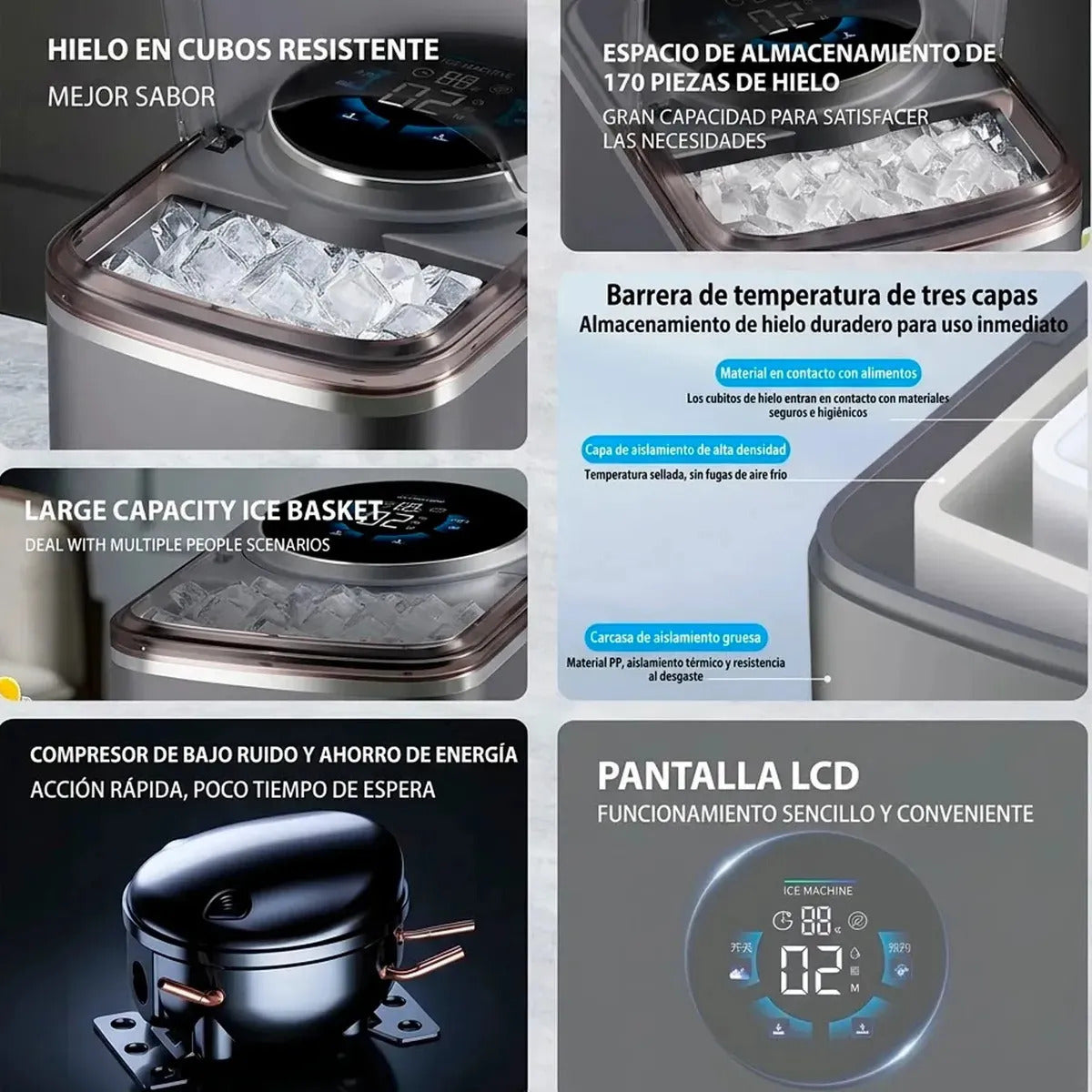 Maquina De Hielo Fabricador de cubo 16kg/24hr 120w Con Pantalla Tactil