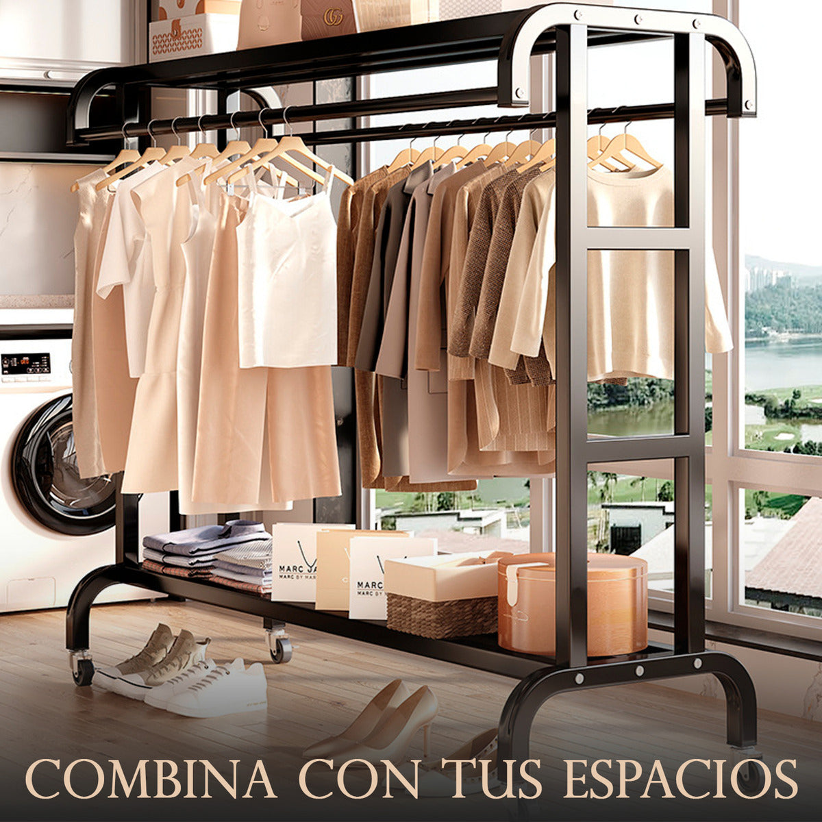 Perchero Organizador De Ropa Doble Con Ruedas 120cm Pro Negro