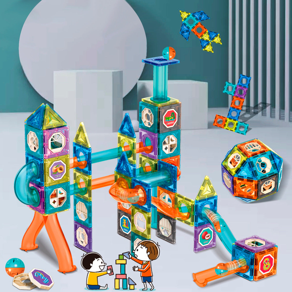 Bloques Magneticos 2 en 1 Tobogan De Bolas 3d Con Balde De 132pzs