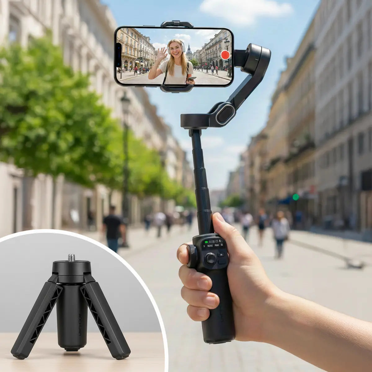 Estabilizador Gimbal De 3 ejes con Barra Extensible y Trípode Smart X2 para Celulares Smartphone