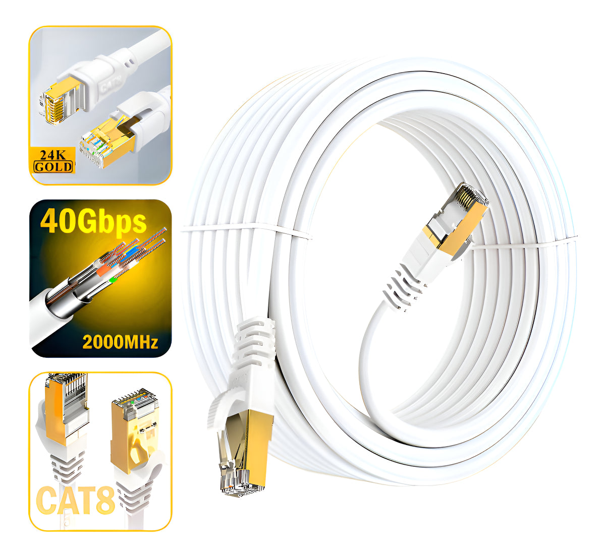 Cable De Red Cat8 Utp Oro 24k De 10mts Wifi7 40gbps Sftp