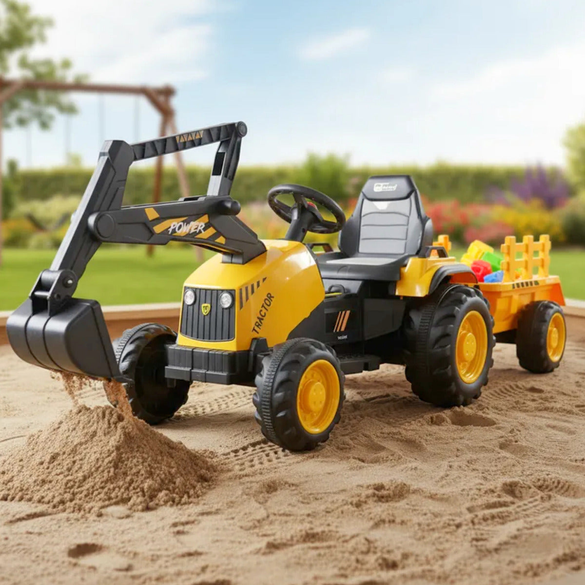 Auto Electrico Montable Niños Excavadora Remolque Bateria Duradera Xl Amarillo