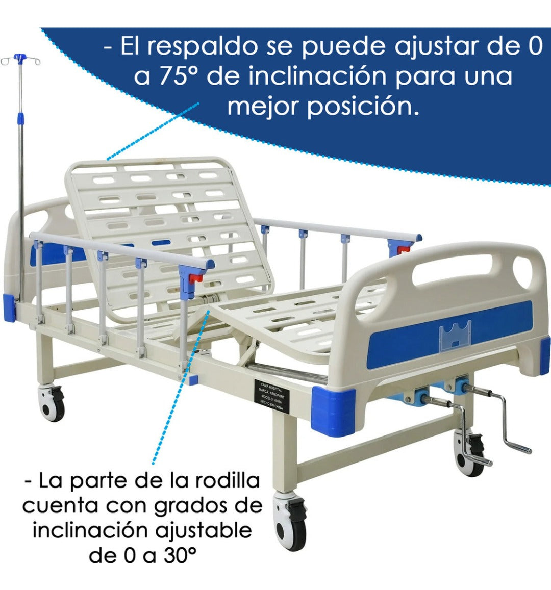 Cama Clínica Catre Manual Articulado 260kg Colchon Y Bandeja - Azul