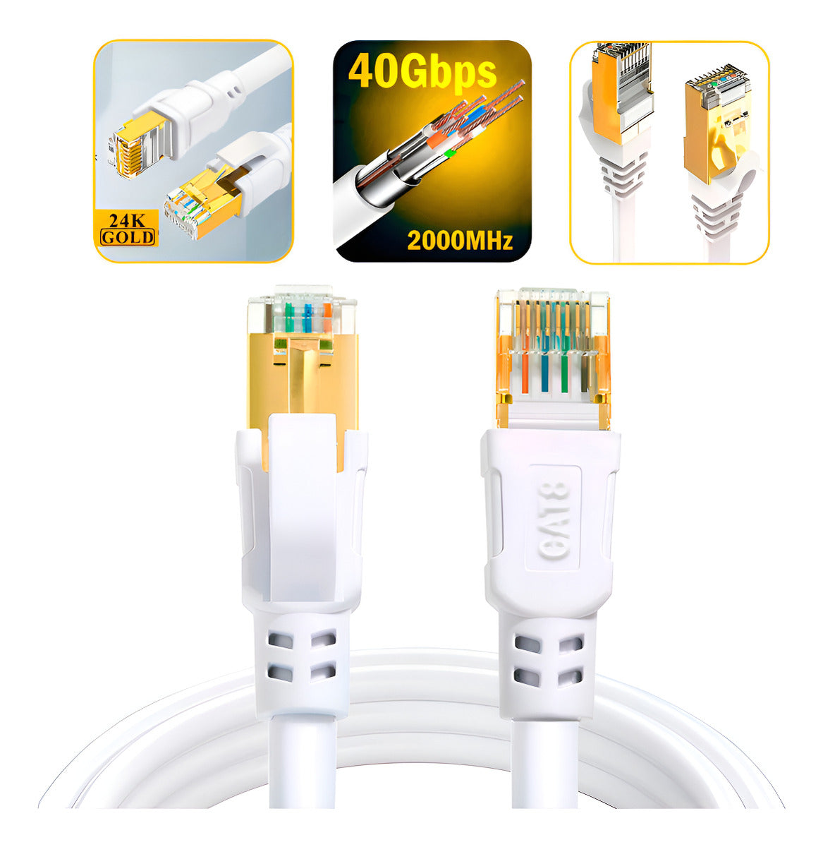 Cable De Red Cat8 Utp Oro 24k 5mts Wifi7 40gbps Sftp
