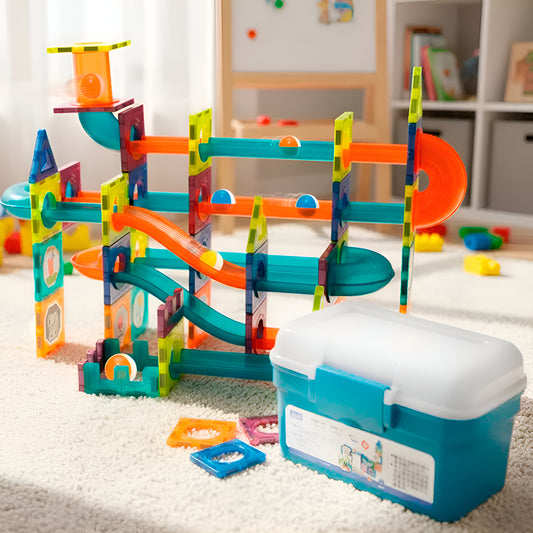 Bloques Magneticos 2en1 Tobogán De Bolas 3D Balde De188pzs