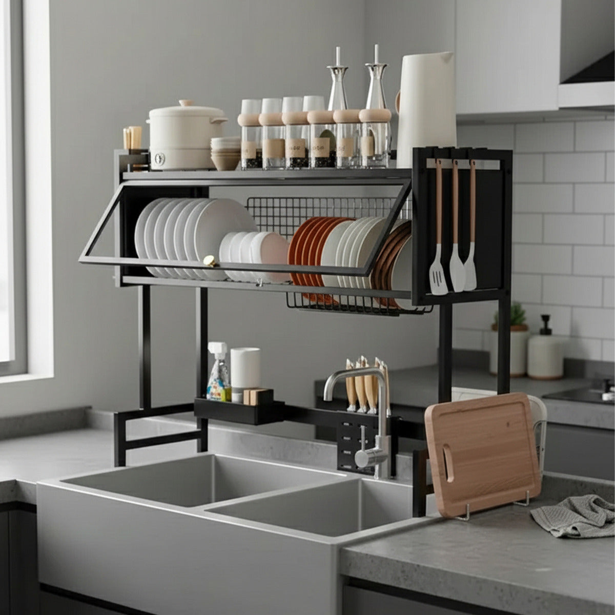 Secador Organizador Escurridor De Platos Con Puerta De 105cm Negro