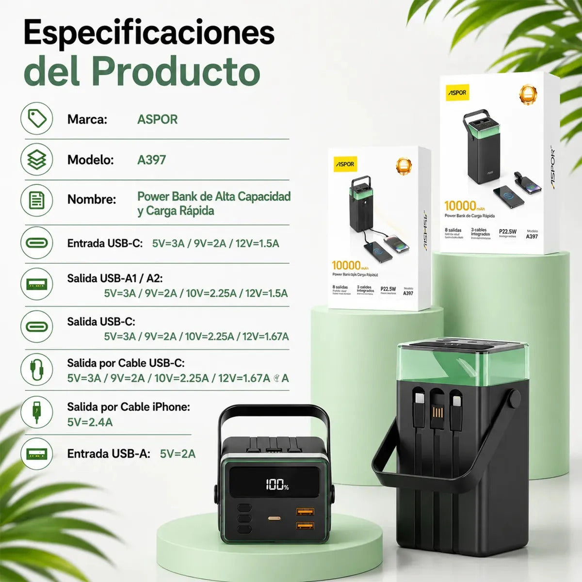 Power Bank 100.000mah Bateria Carga Rapida 22.5w Con Cables