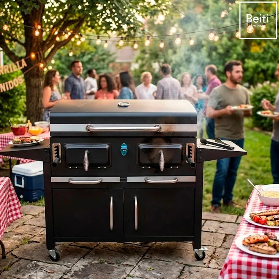 Parrilla A Carbon Con Tapa Premium De Acero Con 4 Ruedas Asados