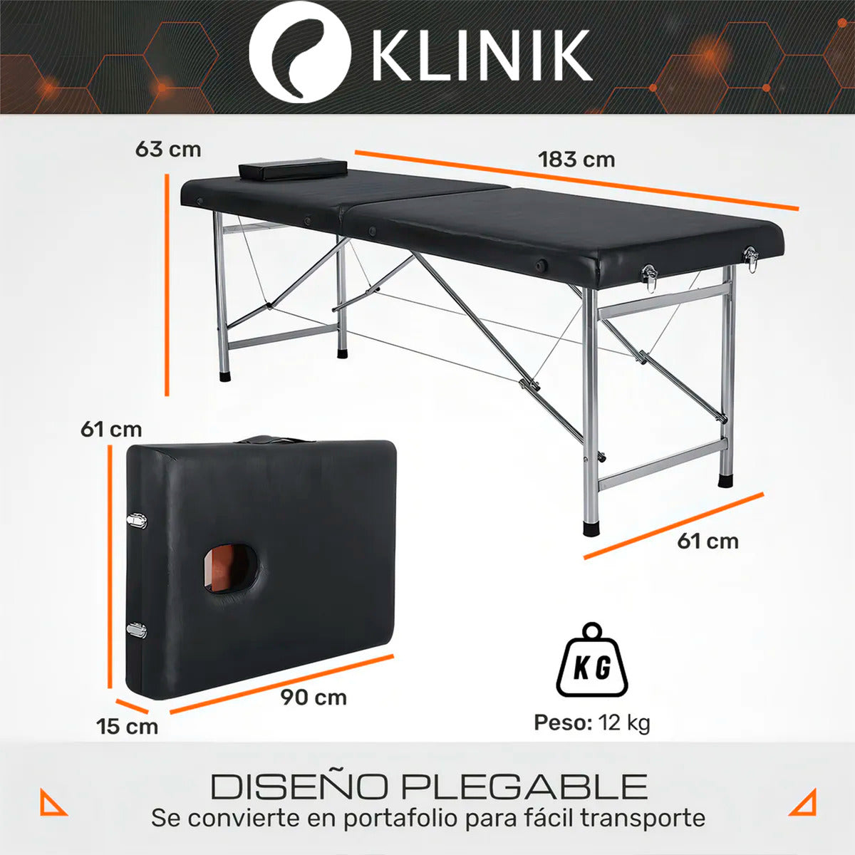 Camilla Cama Masajes Klinik 200kg Aluminio Plegable Acolchada Negro