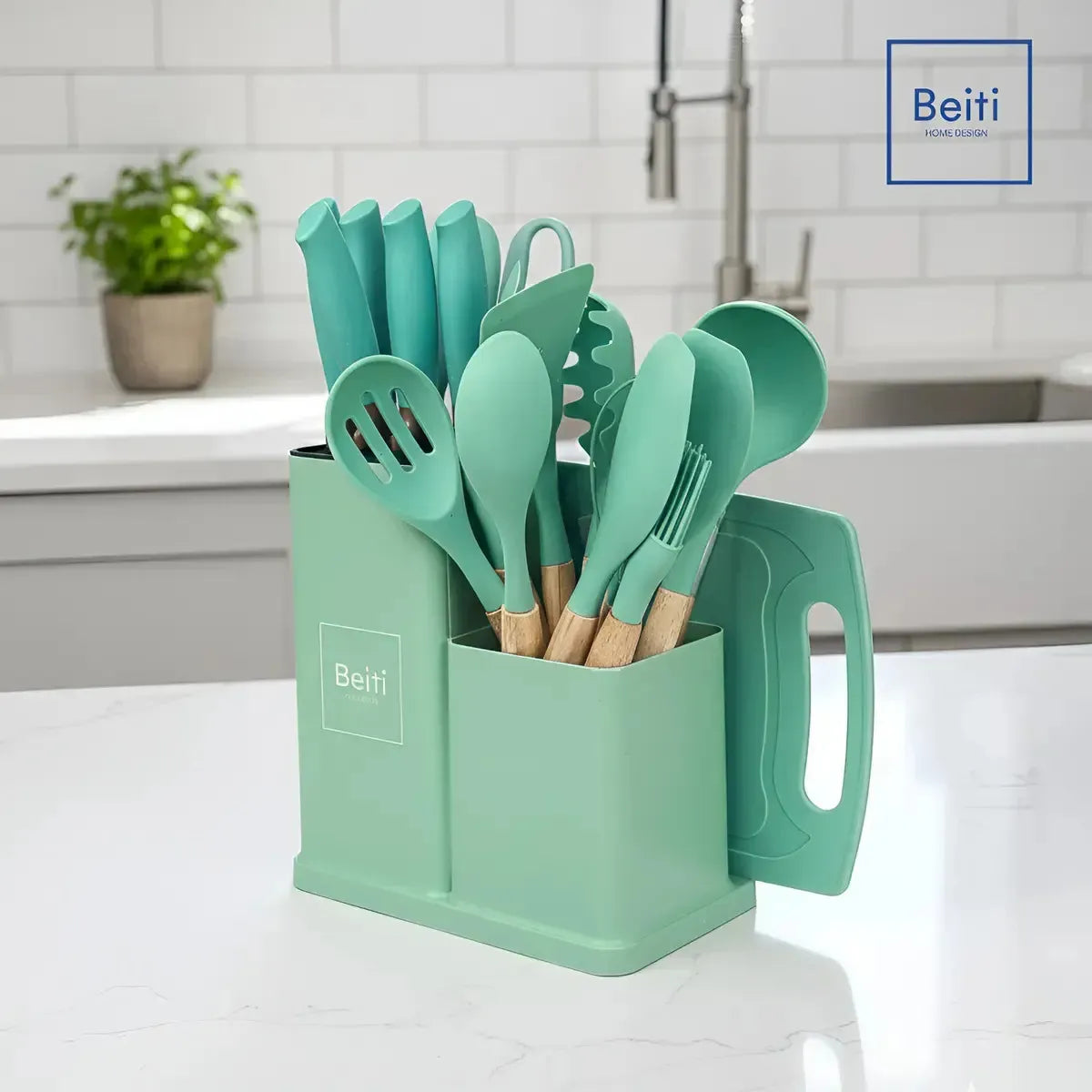 Set 19 Utensilios De Cocina Antiadherente Silicona Madera