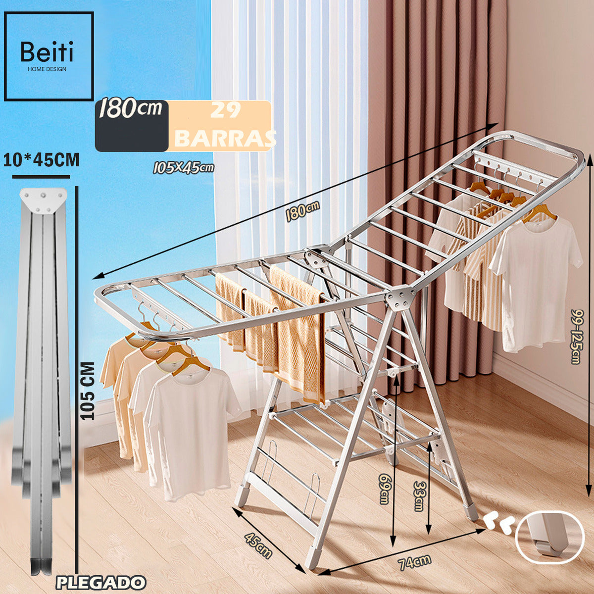 Tendedero Plegable Acero Inoxdable Premium 180cm Soporta 50kg Plateado