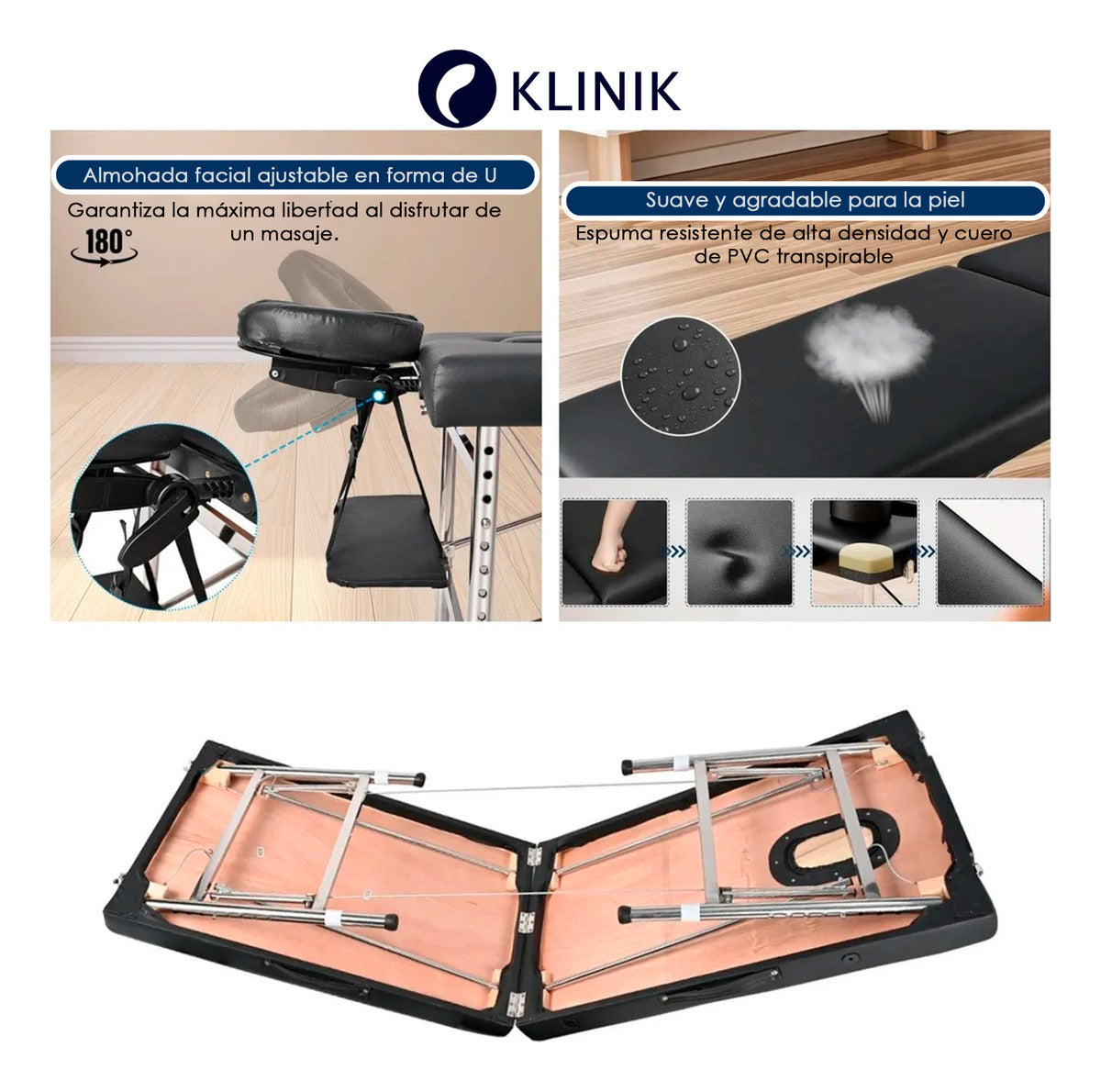 Cama Masajes Estetica Klinik 200kg Altura Ajustable Plegable Negro