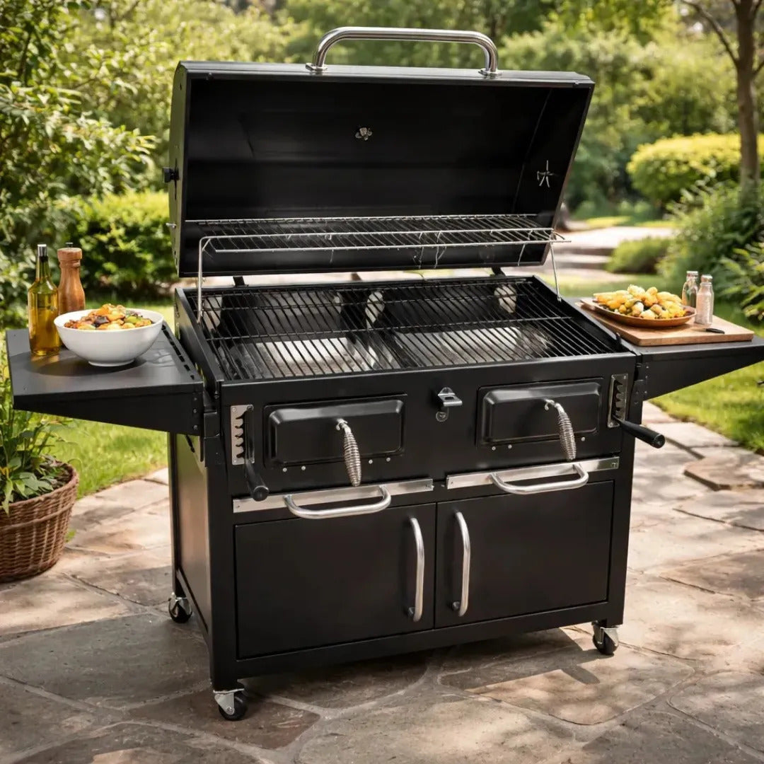 Parrilla A Carbon Con Tapa Premium De Acero Con 4 Ruedas Asados