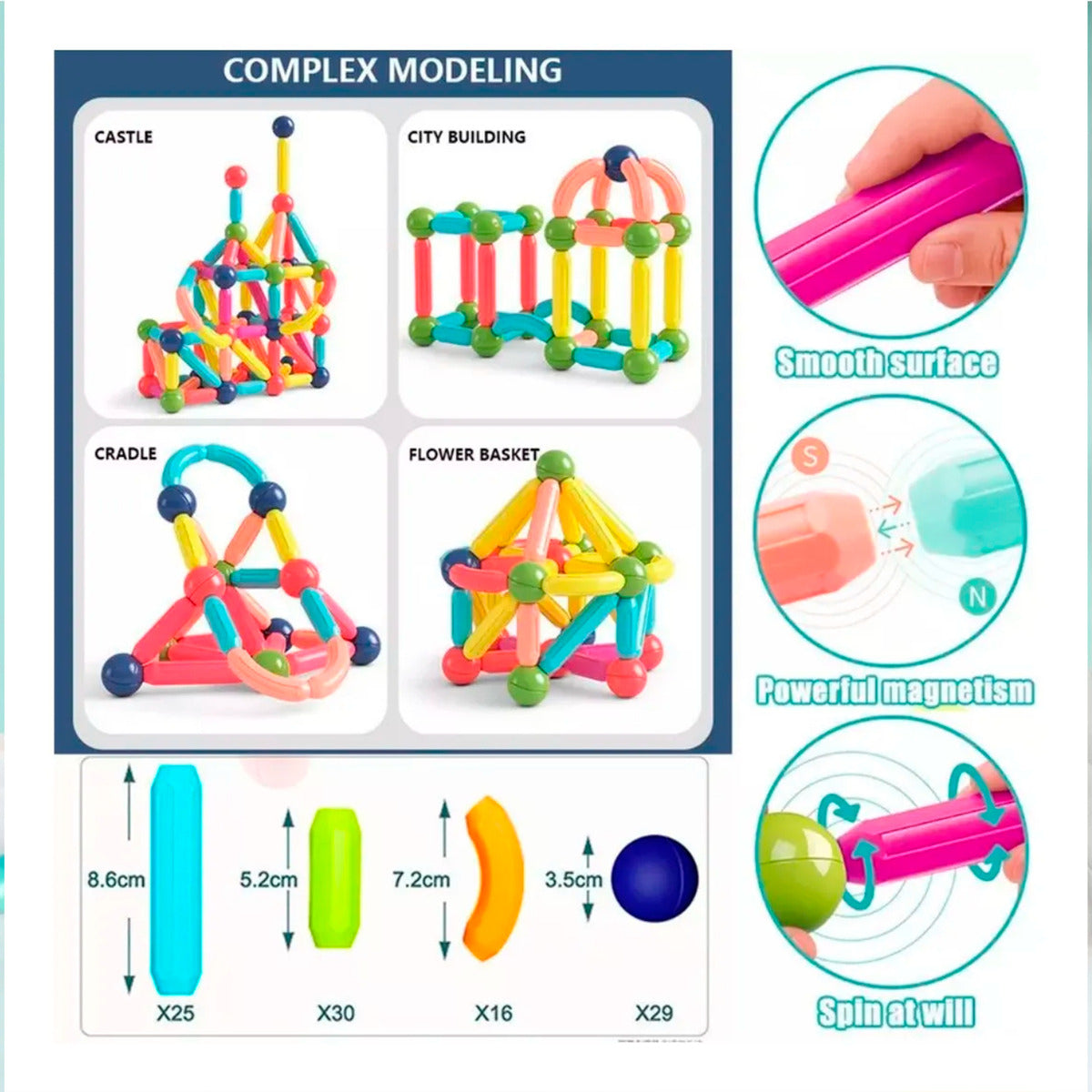 Bloques Magneticos 2 en 1 De Varillas 3D De 84 piezas Con Balde No Tóxico