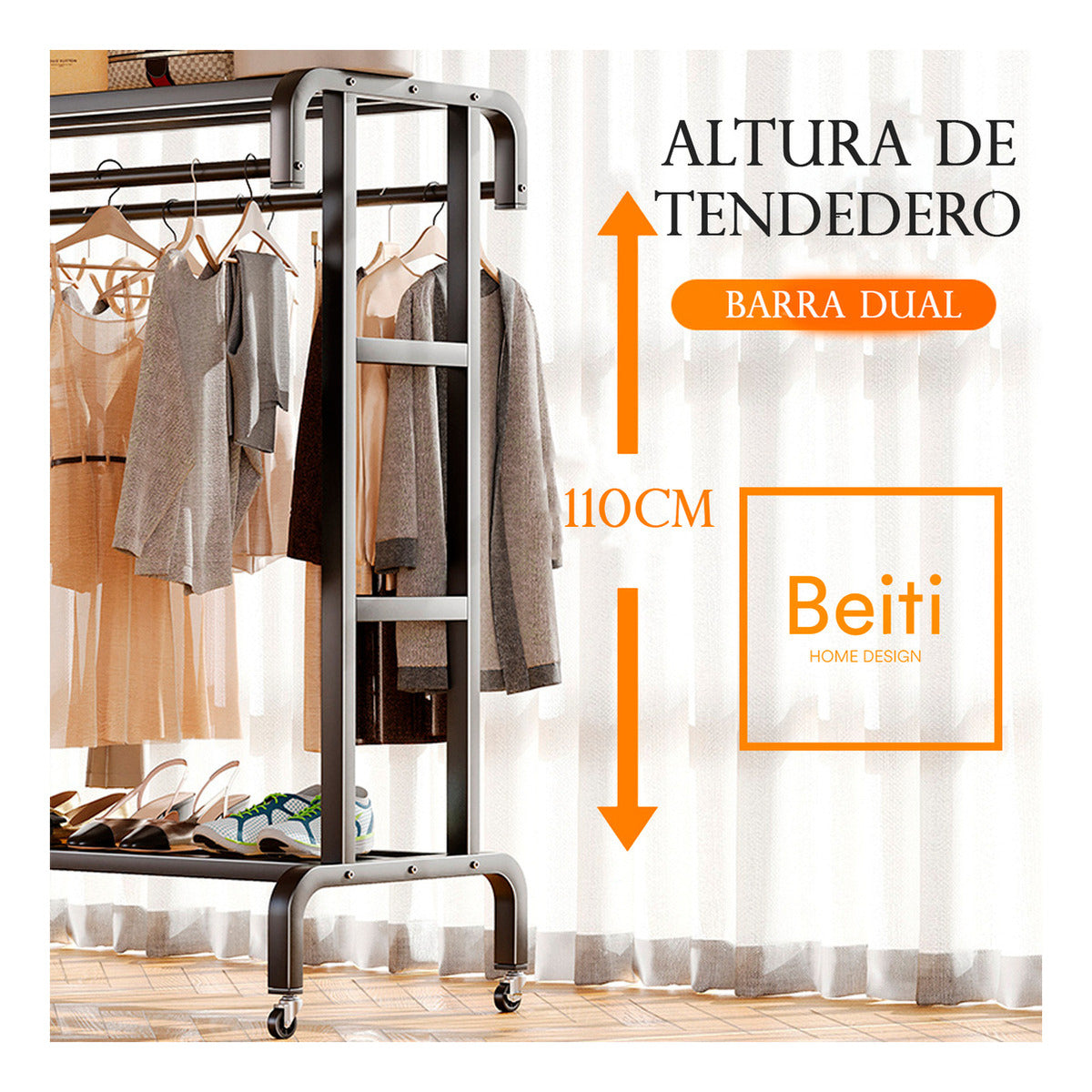 Perchero Organizador De Ropa Doble Con Ruedas 120cm Pro Negro