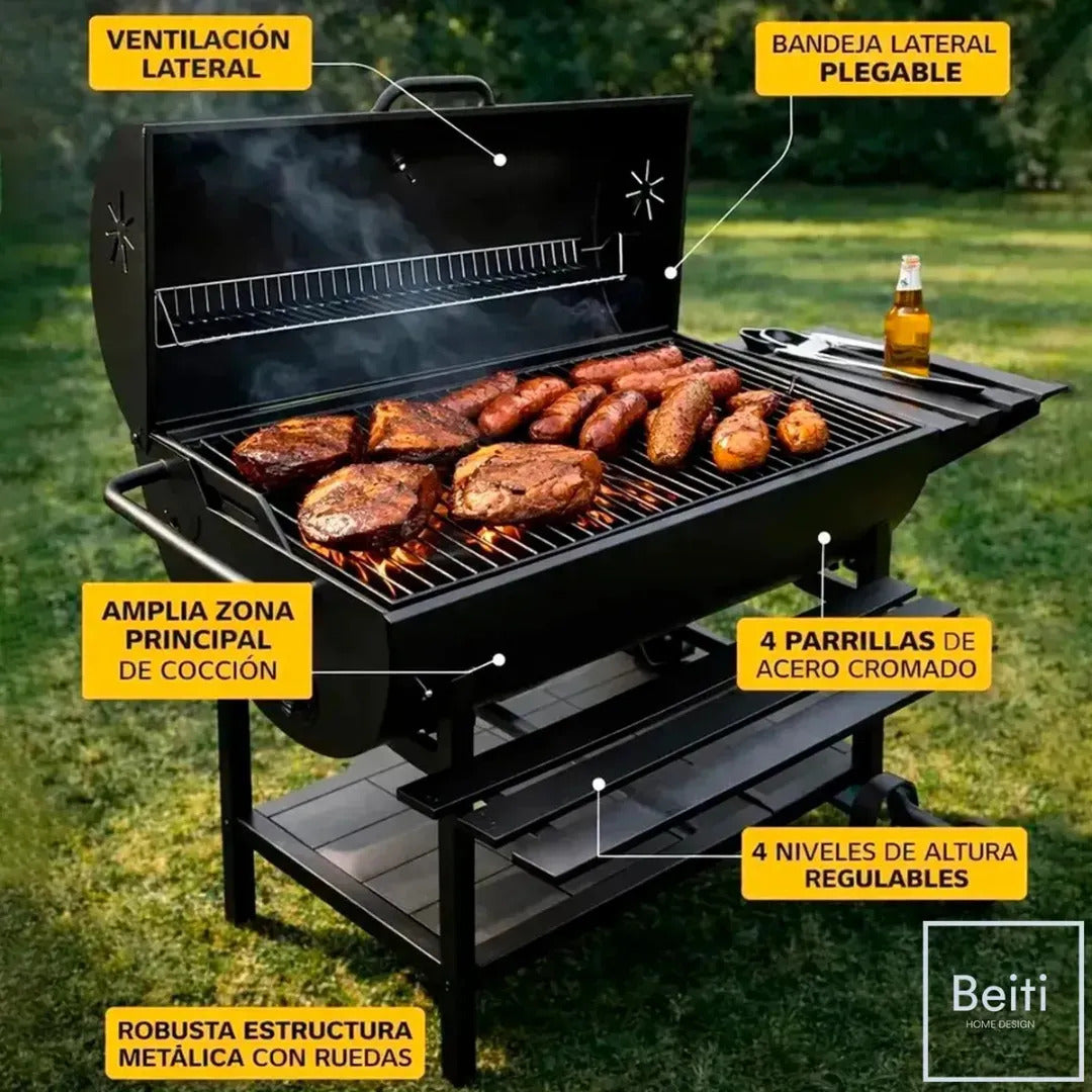 Parrilla Con Tapa A Carbon Asado Tipo Tambor Acero De 0.7mm Con Ruedas