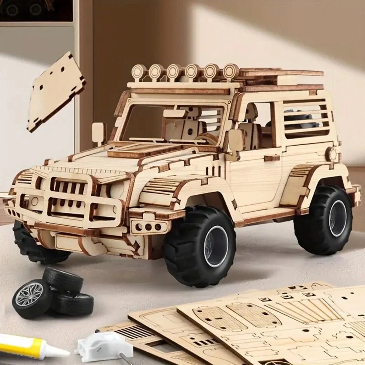 Auto Puzzle Jeep 3d Madera Armable 125pcs Didáctico 20 Cm.