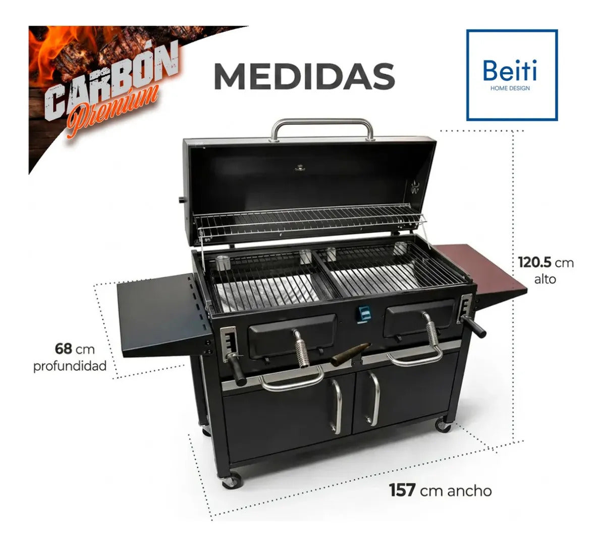 Parrilla A Carbon Con Tapa Premium De Acero Con 4 Ruedas Asados