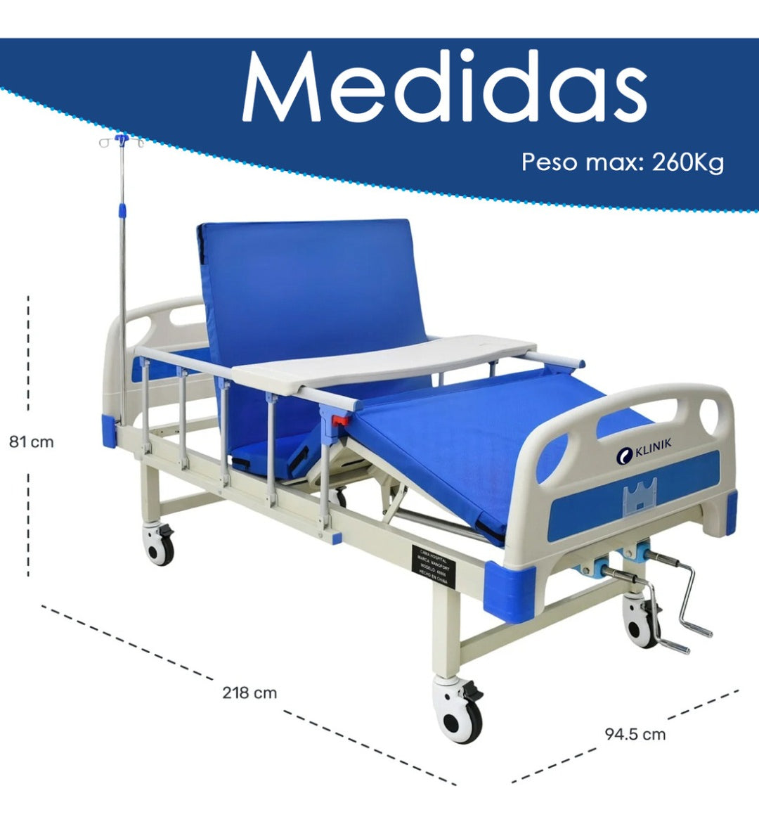 Cama Clínica Catre Manual Articulado 260kg Colchon Y Bandeja - Azul