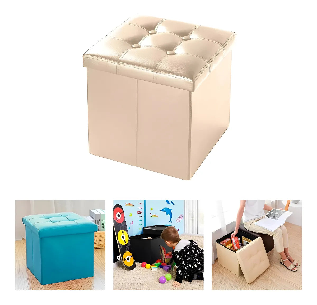 Puff Baul Silla Ecocuero Plegable Organizador 38cm X 38cm