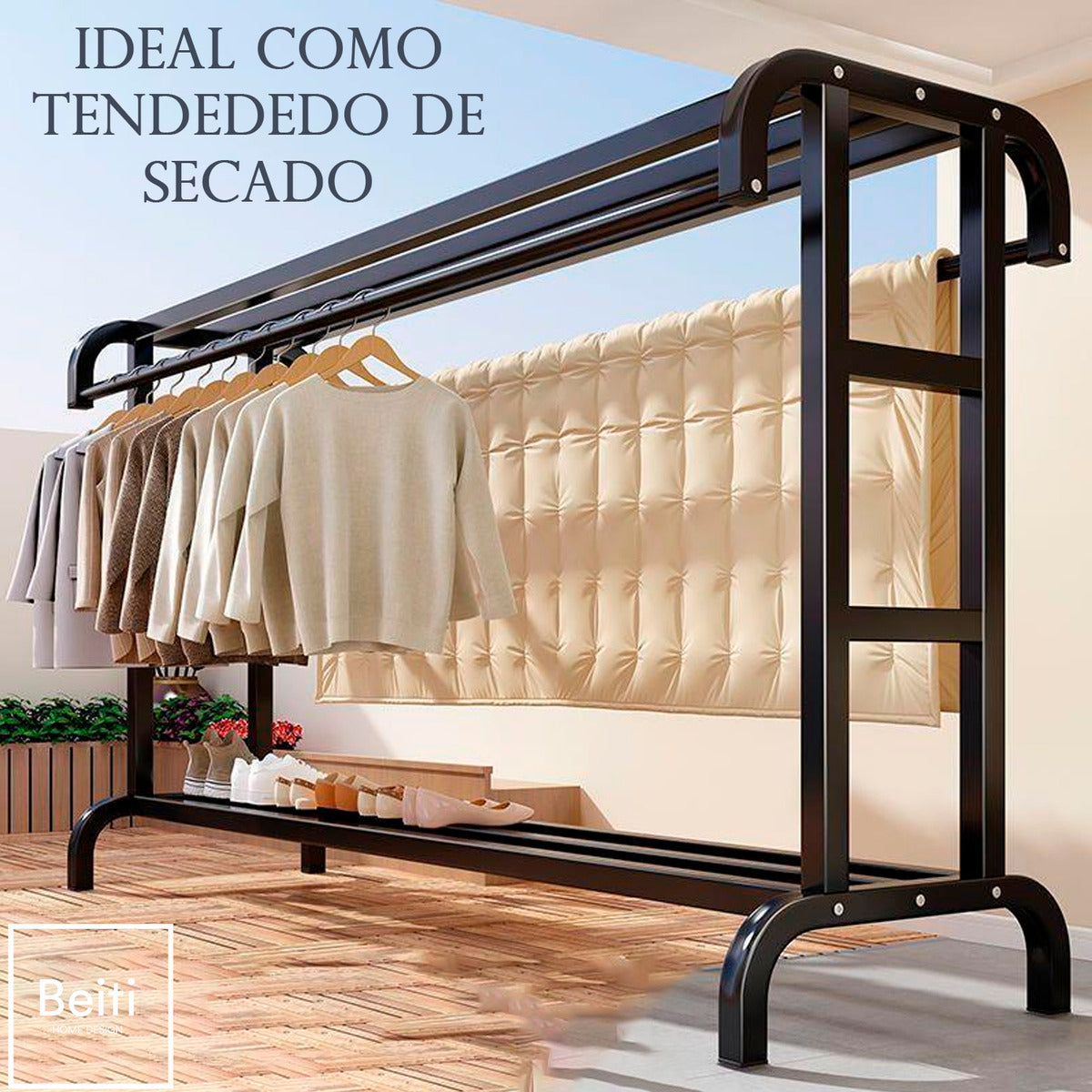 Perchero Organizador De Ropa Doble Con Ruedas 120cm Pro Negro